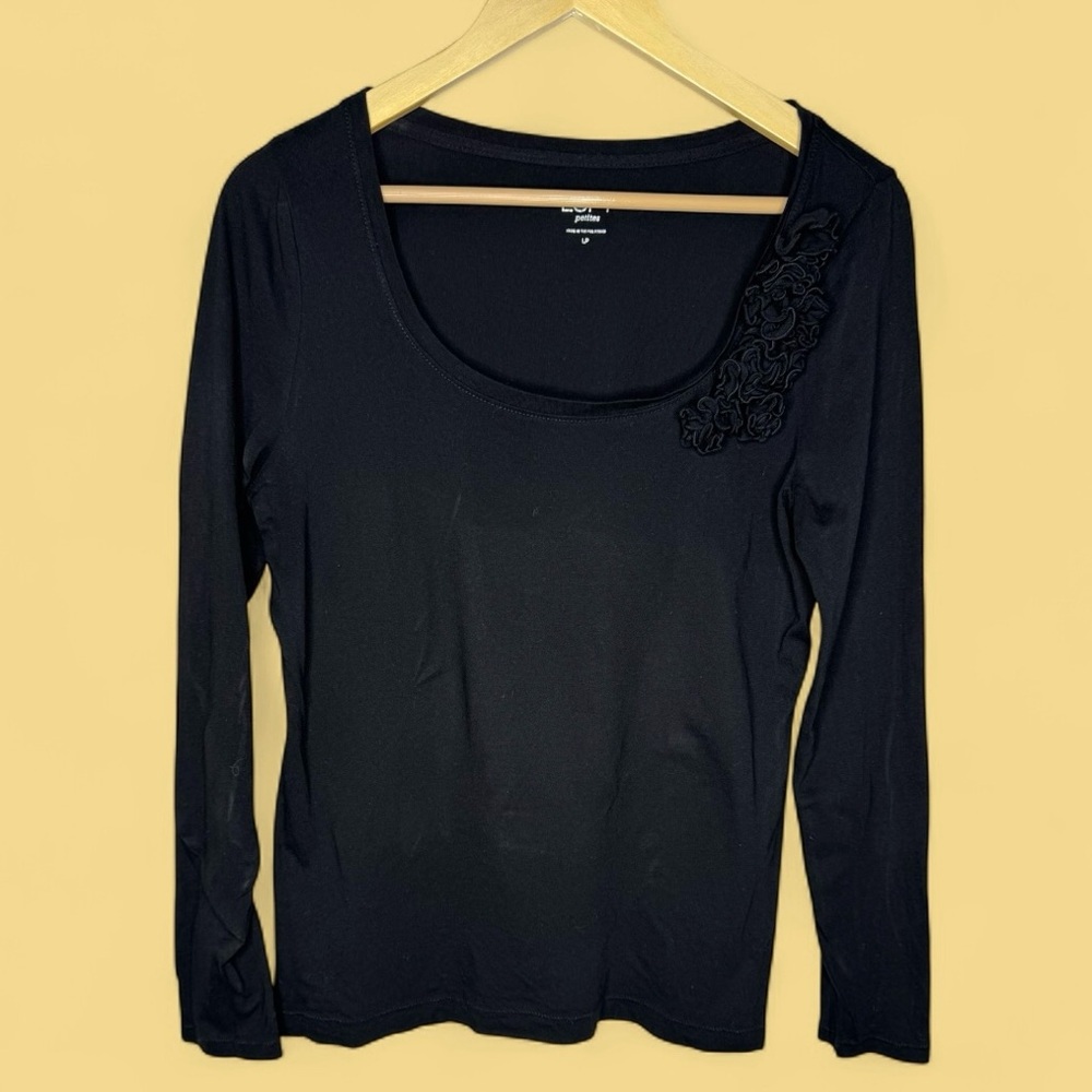 LOFT Black Long Sleeve Blouse with Floral Accent PETITE - Picture 2 of 7